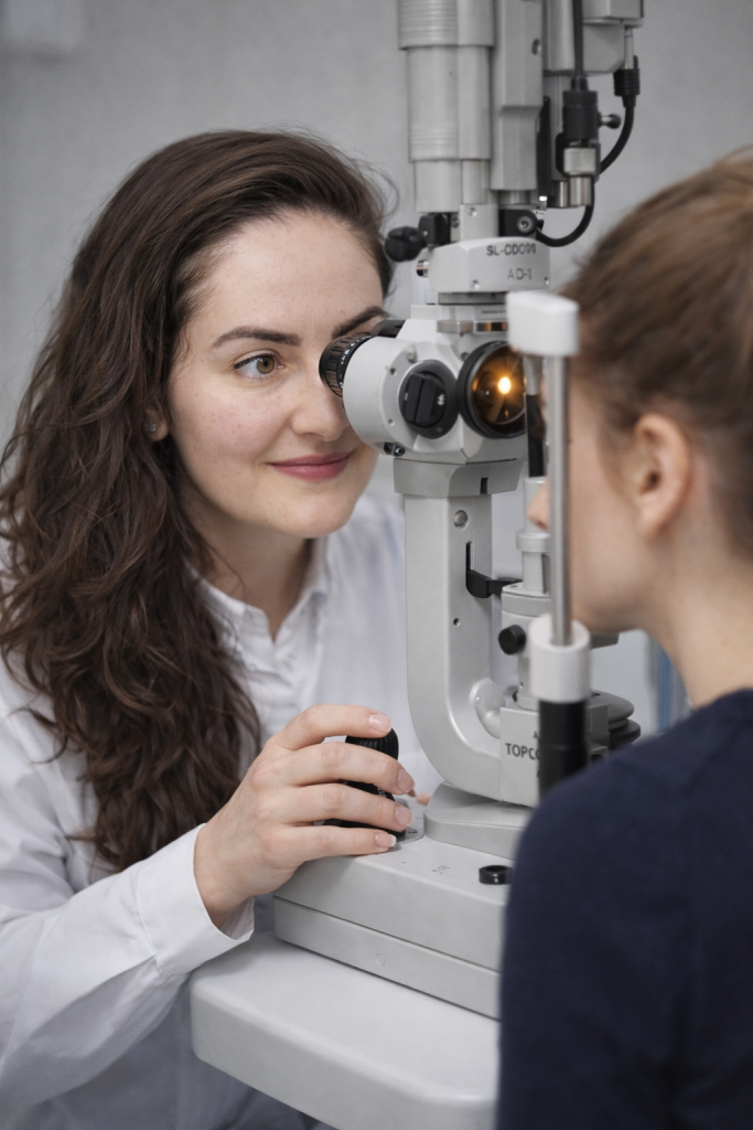 arzt patientenuntersuchung spaltlampe